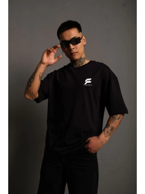 Bisiklet Yaka Baskılı Oversize T-Shirt - Siyah -