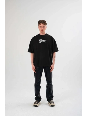 Bisiklet Yaka Baskılı Oversize T-Shirt - Siyah -