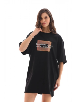 Bisiklet Yaka Baskılı Oversize T-Shirt - Siyah -