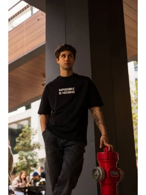 Bisiklet Yaka Baskılı Oversize T-Shirt - Siyah -