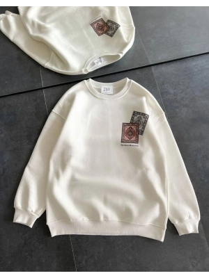 Bisiklet Yaka Baskılı SweatShirt - Beyaz -