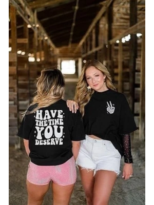 Bisiklet Yaka Kısa Kol Baskılı T-shirt - Siyah -