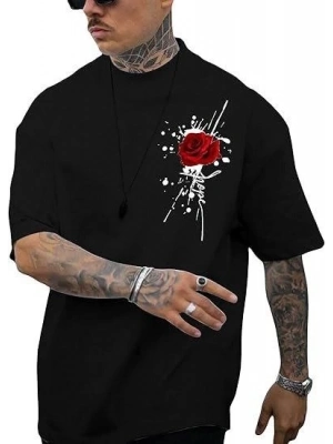 Bisiklet Yaka Kısa Kol Baskılı T-shirt - Siyah -