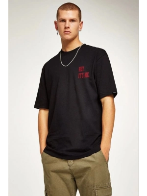 Bisiklet Yaka Oversize Baskılı T-Shirt - Siyah -