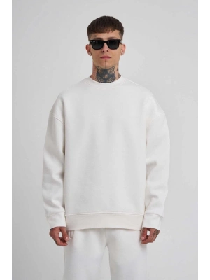 Biskilet Yaka Üç İplik SweatShirt - Beyaz -