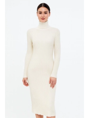 Boğazlı Triko Elbise - Beyaz -