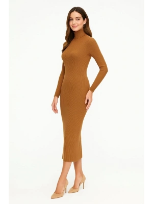Boğazlı Triko Elbise - Kahverengi -