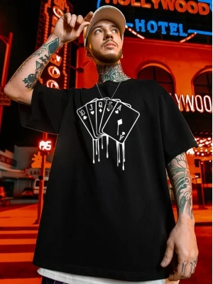 büyük beden Kart baskılı düz renk kısa kollu bisiklet yaka tişört gündelik giyim - Siyah -