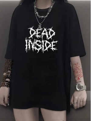 Canlı Harf Baskılı Büyük Boy Oversize Kısa Kollu Tişört - Siyah -