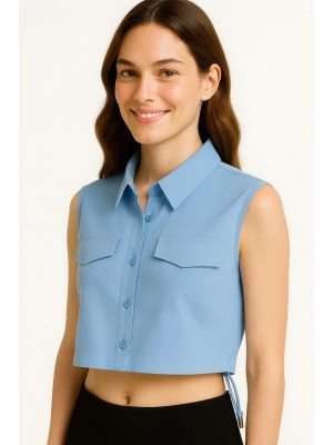 Crop Poplin Gömlek Yalancı Cepli, Ayarlanabilir Yan Kordonlu, - Bebe Mavisi -