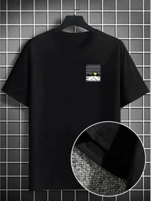 Dağ Grafikli Tişört, Yaz için Büyük Beden Rahat T-shirt - Siyah -