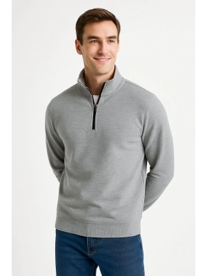 Dik Yaka Sweatshirt Dik Yaka Yarım Fermuarlı 3 İplik Şardonlu Pamuk Kumaş - Gri -