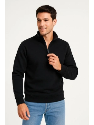 Dik Yaka Sweatshirt Dik Yaka Yarım Fermuarlı 3 İplik Şardonlu Pamuk Kumaş - Siyah -