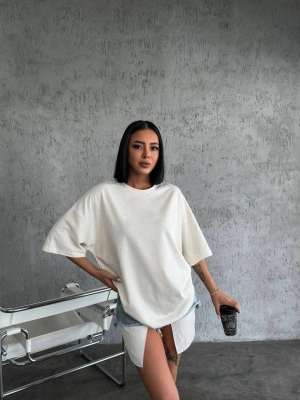 Düz Biskilet Yaka Oversize T-shirt - Beyaz -
