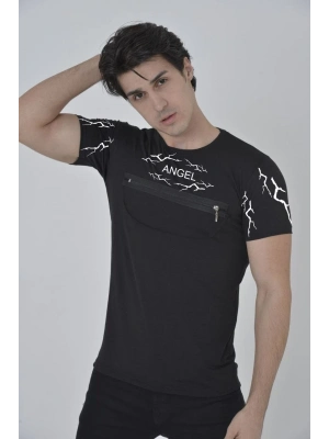 Göğüs Fermuarlı Baskılı T-Shirt - Siyah -