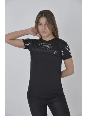 Göğüs Fermuarlı Baskılı T-Shirt - Siyah -