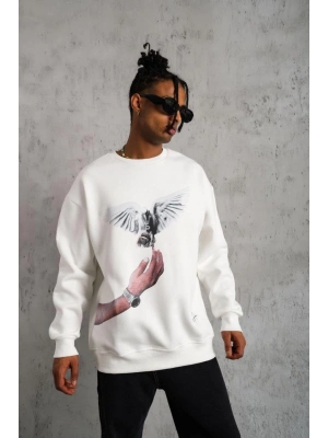 Güvercin Baskılı Sweatshirt - Beyaz -