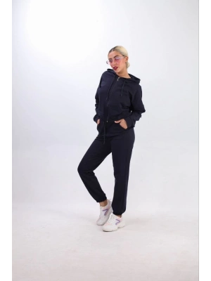 iki iplik Kapüşonlu Fermuarlı Crop Oversize Hırka Takım- Lacivert -