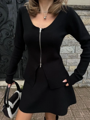 İkili Fermuarlı Hırkalı Etekli Takım - Siyah -