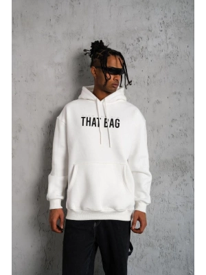 Kanguru Cep Baskılı Kapüşonlu Sweatshirt - Beyaz -