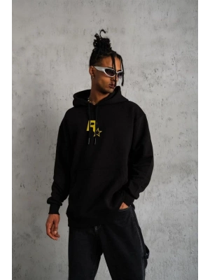 Kapşonlu Baskılı Sweetshirt - Siyah -