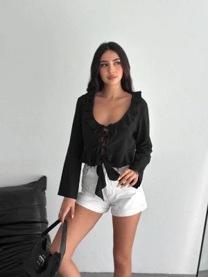 Keten Uzun Kol Bağacık Detaylı Bluz - Siyah -