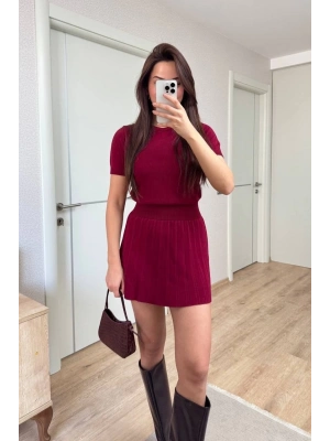 Kısa Kollu Bluz Mini Etekli ikili Takım Triko - Bordo -