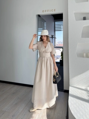 Kısa Kollu Uzun Elbise - Kırık Beyaz -