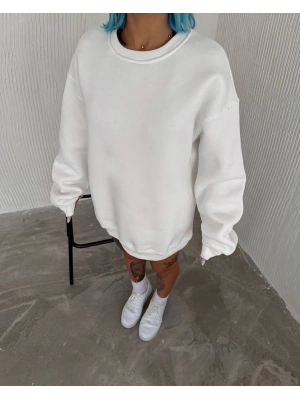 Kışlık Bisiklet Yaka Üç İplik Basic SweatShirt - Beyaz -