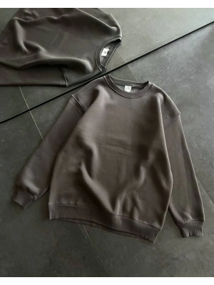 Kışlık Bisiklet Yaka Üç İplik Basic SweatShirt - Füme -