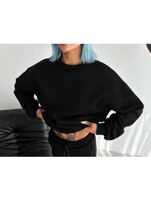 Kışlık Bisiklet Yaka Üç İplik Basic SweatShirt - Siyah -