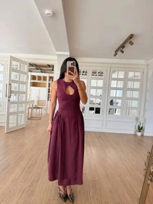 Kolsuz Uzun Kabardin Elbise - Bordo -