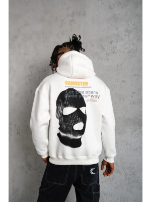 Kordonlu Maske Baskılı Kapüşonlu Sweat - Beyaz -