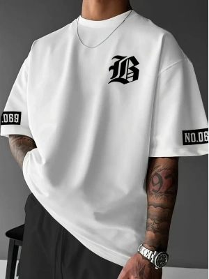 LB Baskılı Ön Arka Oversize Bisiklet Yaka Kısa Kol T-shirt - Beyaz -