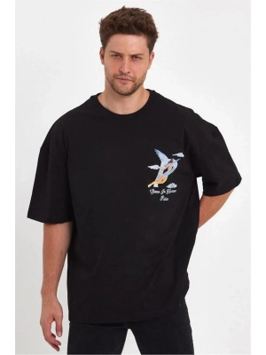 Melek Baskılı Oversize T-shirt - Siyah -