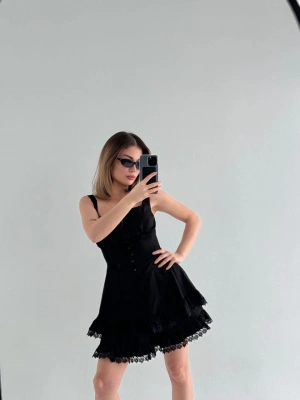 Mini Askılı Elbise - Siyah -