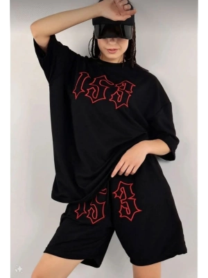 Nakış İşlemeli Şort Takım - Siyah -