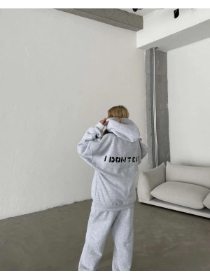 Nakış İşlemeli Üç İplik Sweat Takım- Gri -