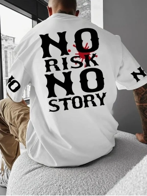 No Risk No Story Baskılı Oversize Bisiklet Yaka T-shirt - Beyaz -