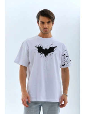 Ön ve Kol Baskılı Oversize T-shirt - Beyaz -