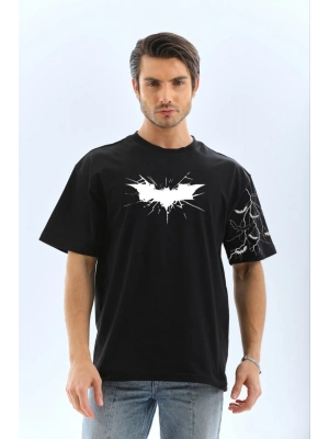 Ön ve Kol Baskılı Oversize T-shirt - Siyah -