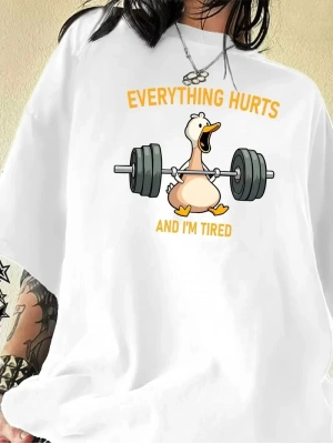 Ördek Baskılı ve Yuvarlak Yakalı   Günlük Büyük Boy Siyah Tişört. - Beyaz -