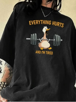 Ördek Baskılı ve Yuvarlak Yakalı   Günlük Büyük Boy Siyah Tişört. - Siyah -