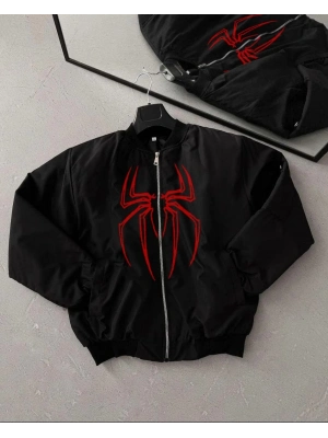 Örümcek Desenli Siyah Bomber Mont –    -