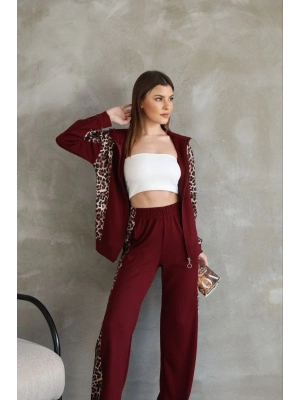 Osy Modal Yumuşak Dokulu Kumaş Kapüşonlu Leopar Desenli Fermuarlı Takım - Bordo -