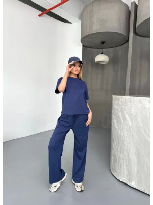 Osy Modal Yumuşak Dokulu Kumaş Kısa Kollu Bluz Rahat Pantalon ikili Takım- Lacivert -