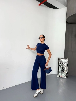 Osy Modal Yumuşak Dokulu Kumaş Kısa Kollu Crop Alt ispanyol Paça Pantalon ikili Takım - Lacivert -