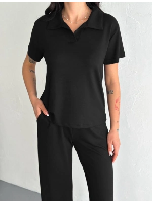 Osy Modal Yumuşak Dokulu Kumaş Kısa Kollu Yakalı T-shirt Pantalon ikili Takım- Siyah -