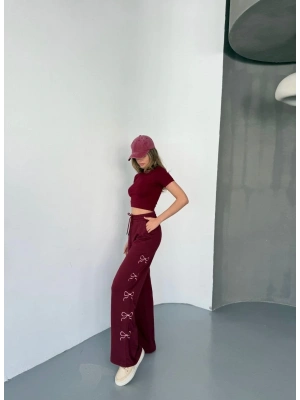 Osy Modal Yumuşak Dokulu Kumaş Nakış işlemeli Rahat Bol Paça Eşofman Pantalon - Bordo -