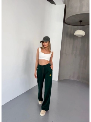 Osy Modal Yumuşak Dokulu Kumaş Nakış işlemeli Rahat Bol Paça Eşofman Pantalon - Yeşil -